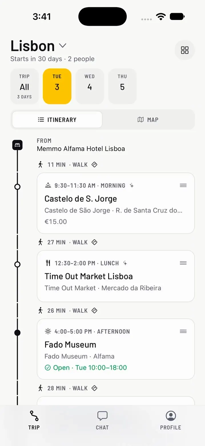The Lisbon itinerary in Waystop with three stops and the walking time between them